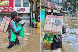 Warganet Haru Lihat Aksi Driver Ojol Terobos Banjir saat Antar Paket, Didoakan Tak Putus Rejeki