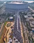 Foto Udara Suasana Salat Idul Fitri Perdana di Jakarta International Stadium